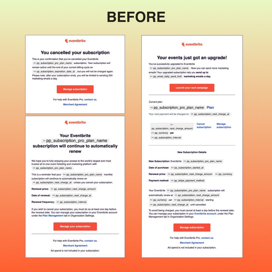 Before — subscription emails with raw merge tags and no brand system